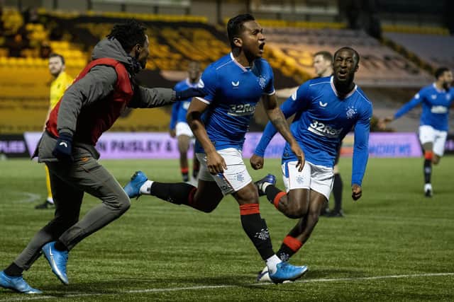 Alfredo Morelos celebrates after scoring to make it 1-0 Rangers  during a Scottish Premiership match between Livingston and Rangers at The Tony Macaroni Arena, on March 03, 2021, in Livingston, Scotland. (Photo by Alan Harvey / SNS Group)