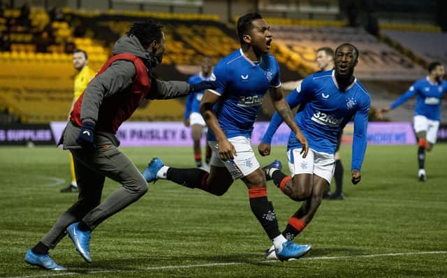 Alfredo Morelos celebrates after scoring to make it 1-0 Rangers  during a Scottish Premiership match between Livingston and Rangers at The Tony Macaroni Arena, on March 03, 2021, in Livingston, Scotland. (Photo by Alan Harvey / SNS Group)