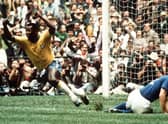 Pele celebrates scoring the first goal for Brazil in the 1970 World Cup final. Photo by Colorsport/Shutterstock