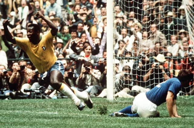 Pele celebrates scoring the first goal for Brazil in the 1970 World Cup final. Photo by Colorsport/Shutterstock