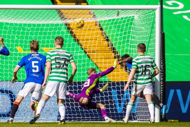 Alfredo Morelos heads home his 16th goal of the season and his first in 15 appearances against Celtic in Sunday's Old Firm match at Celtic Park. (Photo by Alan Harvey / SNS Group)
