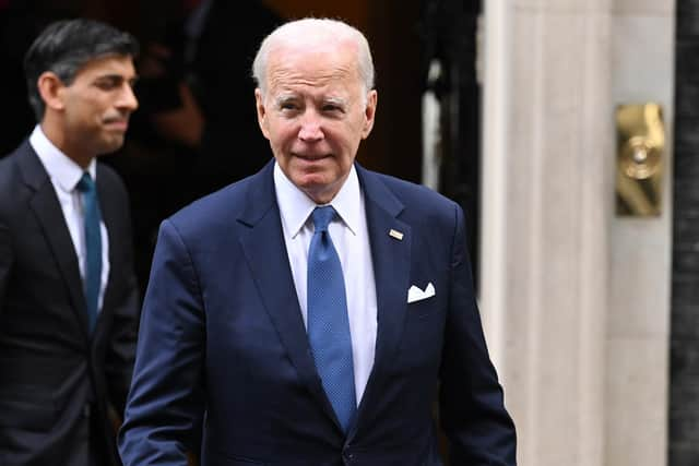 US president Joe Biden leaves 10 Downing Street after meeting with Prime Minister Rishi Sunak (left) in London. Picture: Leon Neal/Getty Images