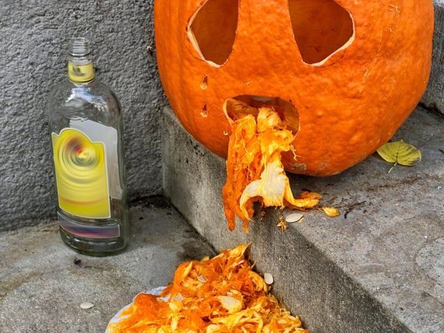 If you've carved a pumpkin but made a mistake while doing so or you're simply not satisfied with your design then this detail adds a lot. With the pumpkin flesh and seeds you've already carved out just stylise it to resemble vomit, with extra touches like a choice beverage placed next to it you've got yourself a comedic winner this year.