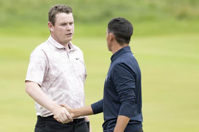 Bob MacIntyre and Rockie Fowler shake hands at the end of the third round in ythe 151st Open at Royal Liverpool. Picture: Tom Russo/The Scotsman.