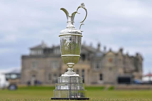 The Claret Jug is pictured on the 18th green ahead of the 150th Open at The Old Course at St Andrews. Picture: Glyn Kirk/AFP via Getty Images.