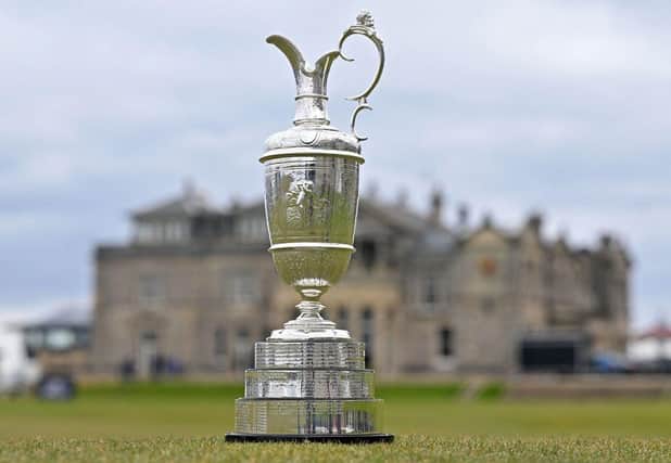 The Claret Jug is pictured on the 18th green ahead of the 150th Open at The Old Course at St Andrews. Picture: Glyn Kirk/AFP via Getty Images.