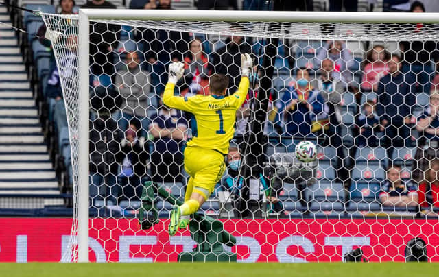 David Marshall tries in vain to stop Patrick Schick making it 2-0 to the Czech Republic at Euro 2020. Picture: SNS