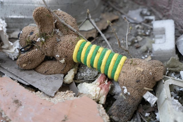 A dog's toy amid the debris outside an apartment block burnt by pieces of a fallen Russian missile in Kyiv's Obolon district.
Photojournalist Bennett Murray.
