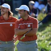 Tommy Fleetwood and Francesco Molinari during the 2018 Ryder Cup at Le Golf National in France. Picture: Stuart Franklin/Getty Images.