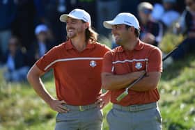 Tommy Fleetwood and Francesco Molinari during the 2018 Ryder Cup at Le Golf National in France. Picture: Stuart Franklin/Getty Images.