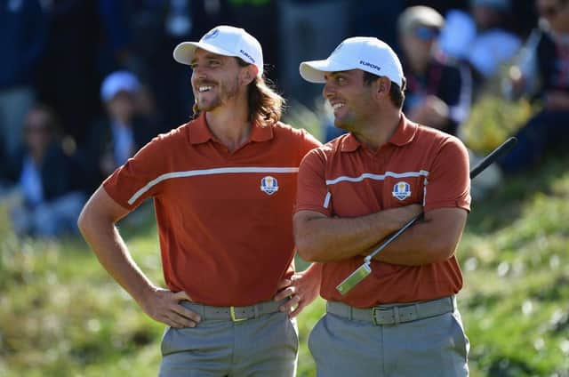 Tommy Fleetwood and Francesco Molinari during the 2018 Ryder Cup at Le Golf National in France. Picture: Stuart Franklin/Getty Images.