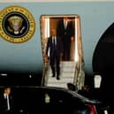 US President Joe Biden arrives on Air Force One at RAF Aldergrove airbase in County Antrim, for his visit to the island of Ireland. Picture date: Tuesday April 11, 2023.