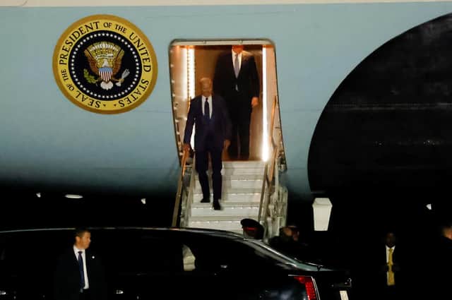 US President Joe Biden arrives on Air Force One at RAF Aldergrove airbase in County Antrim, for his visit to the island of Ireland. Picture date: Tuesday April 11, 2023.