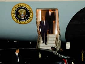 US President Joe Biden arrives on Air Force One at RAF Aldergrove airbase in County Antrim, for his visit to the island of Ireland. Picture date: Tuesday April 11, 2023.