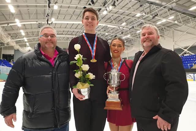 Anastasia Vaipan-Law and Luke Digby, pictured here with coaches Simon and Jason Briggs, will compete in the European Figure Skating Championships this week.
