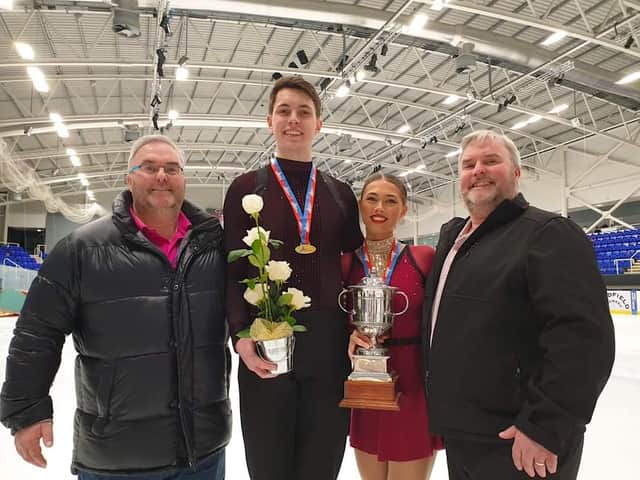 Anastasia Vaipan-Law and Luke Digby, pictured here with coaches Simon and Jason Briggs, will compete in the European Figure Skating Championships this week.