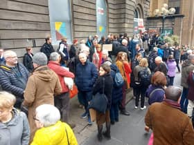 Protesters gathered outside the boarded-up cinema on Sunday to call for the Filmhouse to be saved and not sold for a pub.  Picture: Annabelle Gauntlett.