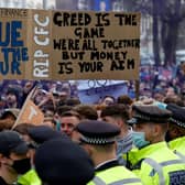 Thousands of Chelsea fans took to the streets outside the club in London to protest against the short-lived Super League plan (Picture: Adrian Dennis/Getty Images)