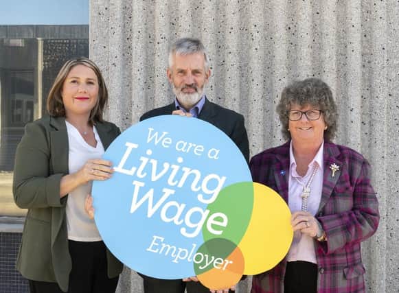 Resourcing Advisor Brigitte van Rooyen, Aberdeenshire Council Chief Executive Jim Savege, and Leader of Aberdeenshire Council Cllr Gillian Owen welcome the council’s Living Wage accreditation.
