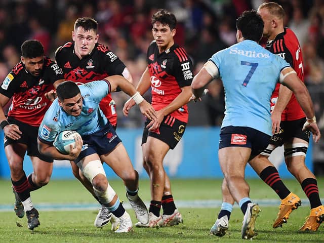Mosese Tuipulotu on the attack for New South Wales Waratahs against Crusaders during a Super Rugby Pacific match in Christchurch. (Photo by SANKA VIDANAGAMA/AFP via Getty Images)