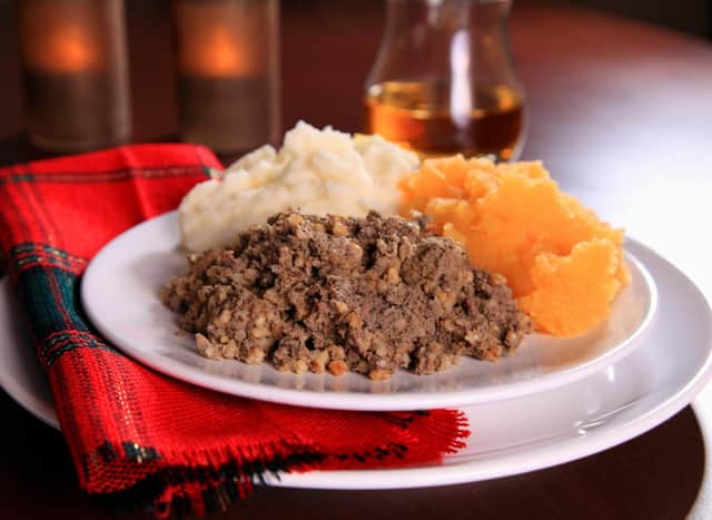 Haggis served with 'neeps and tatties' (turnips and potatoes) - a very traditional Scottish recipe.