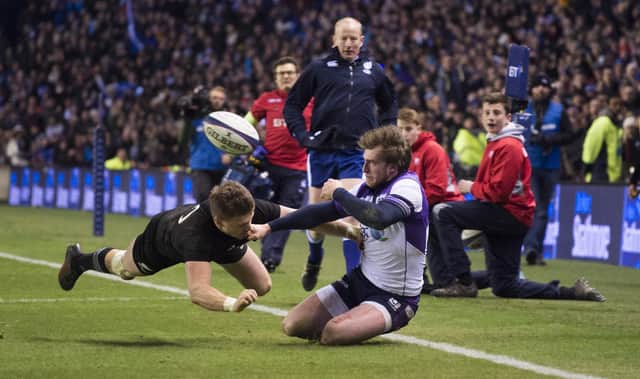 Scotland's Stuart Hogg is tackled by Beauden Barrett late in the game to be denied a try on New Zealand's last visit to Murrayfield in 2017. Picture: Bill Murray/SNS