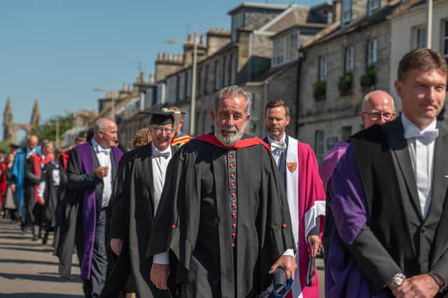 Ryder Cup legend Sam Torrance takes part in the traditional procession of the new University of St Andrews Graduates. Picture: University of St Andrews