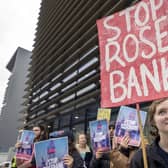Campaigners take part in a Stop Rosebank emergency protest outside the UK Government building in Edinburgh. PIC: Jane Barlow/PA Wire