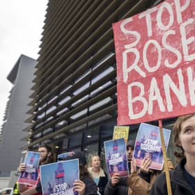 Campaigners take part in a Stop Rosebank emergency protest outside the UK government building in Edinburgh. PIC: Jane Barlow/PA Wire