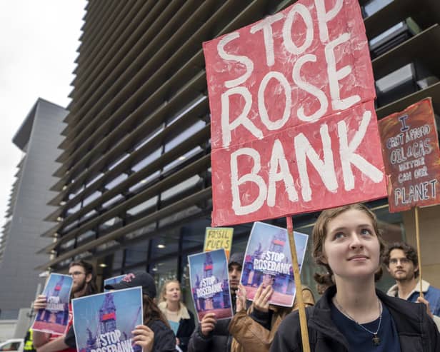 Campaigners take part in a Stop Rosebank emergency protest outside the UK Government building in Edinburgh. PIC: Jane Barlow/PA Wire