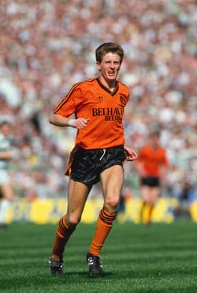 Playing for Dundee United in the 1988 Scottish Cup final. He scored a great goal and was named man of the match but Celtic won