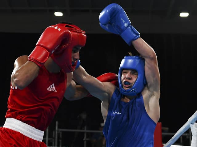 Maksym Galinichev, pictured here boxing Abdessamad Abbaz of Morocco in the Men's Bantam semi final at the Buenos Aires 2018 Youth Olympic Games, has been killed in combat.