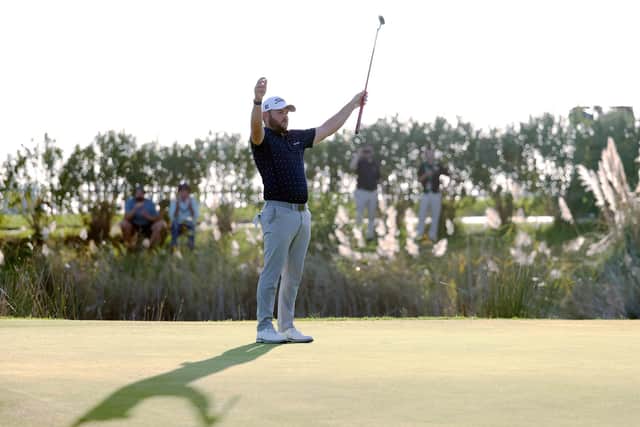 Jordan Smith of England reacts after putting on the 18th green during Day Four of the Portugal Masters at Dom Pedro Victoria Golf Course on October 30, 2022 in Quarteira, Portugal. (Photo by Warren Little/Getty Images)