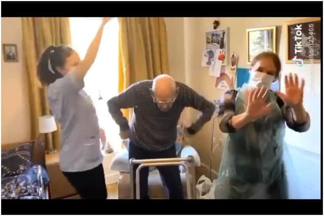 Percy Mann was filmed performing the lively routine during lockdown at Whitecraigs Care Home in Glasgow.