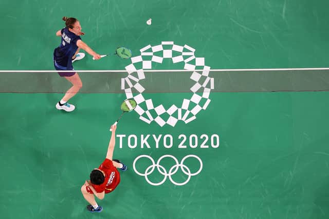 An aerial shot of Scottish badminton player Kirsty Gilmour, top, taking on Akane Yamaguchi of Japan during an Olympic group match at Musashino Forest Sport Plaza in Chofu, Tokyo. Picture: Lintao Zhang/Getty Images