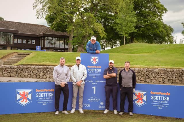 Paul Lawrie poses for a picture at Newmachar with one of the pro-am teams for the Farmfoods Scottish Challenge supported by The R&A. Picture: Five Star Sports Agency