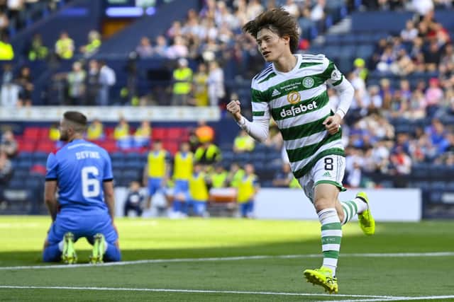 Celtic's Kyogo Furuhashi celebrates his opener in the Scottish Cup final win over Inverness. (Photo by Rob Casey / SNS Group)
