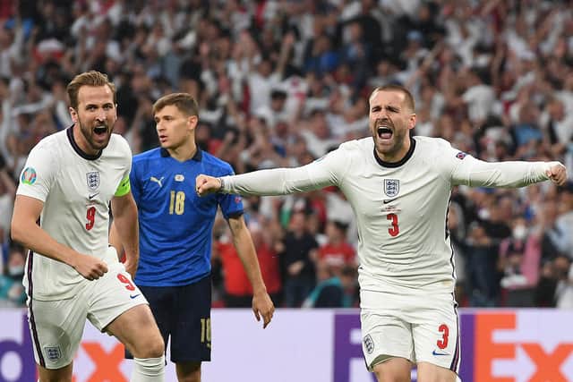 Luke Shaw celebrates after putting England ahead against Italy in the Euro 2020 final at Wembley. (Photo by ANDY RAIN/POOL/AFP via Getty Images)