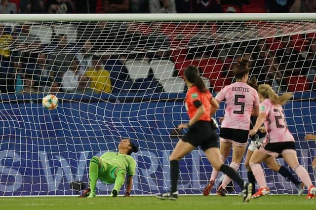 Jen Beattie scores a goal during the France 2019 Women's World Cup Group D football match between Scotland and Argentina, on June 19, 2019, at the Parc des Princes stadium in Paris. (Photo by Lionel BONAVENTURE / AFP) (Photo credit should read LIONEL BONAVENTURE/AFP via Getty Images)