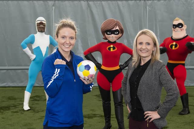 Head of Girls' and Women's Football Fiona McIntyre (R) and Rachael Boyle join The Incredibles to launch the scheme at the Oriam. (Photo by Paul Devlin / SNS Group)