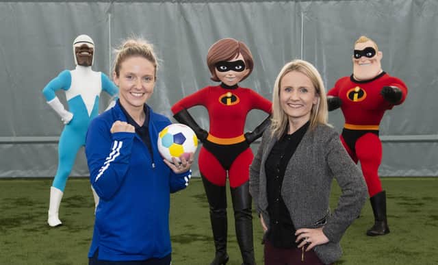 Head of Girls' and Women's Football Fiona McIntyre (R) and Rachael Boyle join The Incredibles to launch the scheme at the Oriam. (Photo by Paul Devlin / SNS Group)