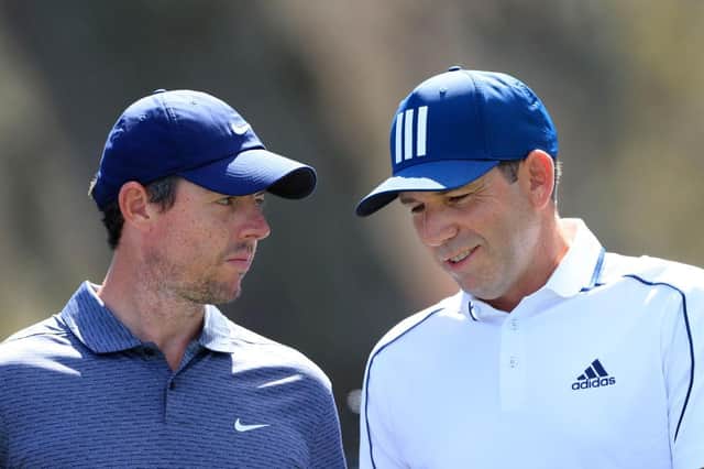 Rory McIlroy and Sergio Garcia of Spain during the first round of the Players' Championship at TPC Sawgrass in Ponte Vedra Beach, Florida. Picture: Sam Greenwood/Getty Images.