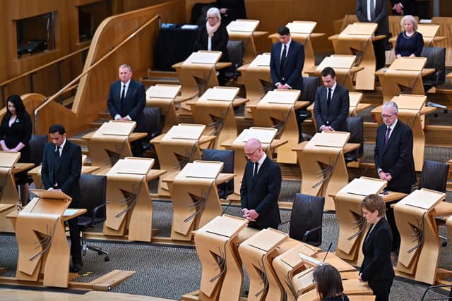 First Minister Nicola Sturgeon joins Scottish political party leaders as they take part in a motion of condolence for The Duke of Edinburgh. Picture: Jeff J Mitchell/Getty Images