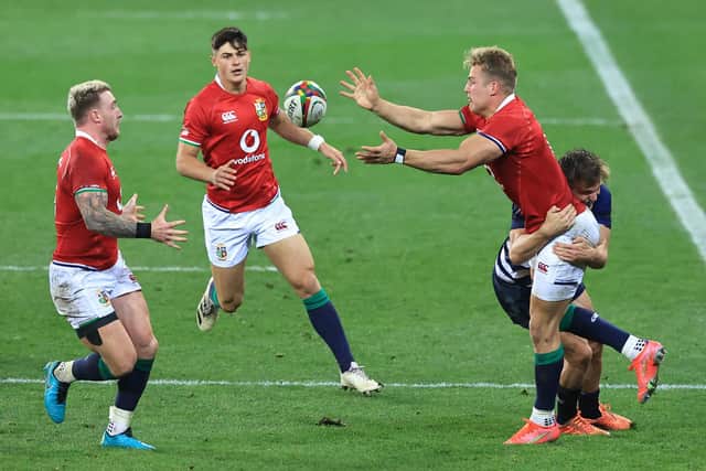 Duhan van der Merwe links up with Stuart Hogg during the Lions' 49-3 win over the Stormers. Picture: David Rogers/Getty Images