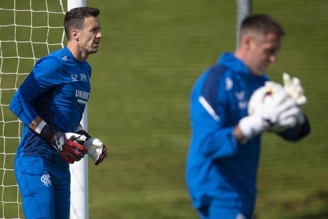 Rangers goalkeepers Jon McLaughlin (left) and Allan McGregor train at the Rangers Training Centre before the trip to Amsterdam  (Photo by Ross MacDonald / SNS Group)