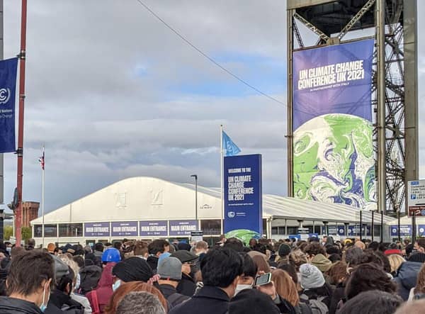 Massive queues built up at the main entrance to the COP26 climate summit in Glasgow as hundreds of people waited to get through security checks before being granted access to the event