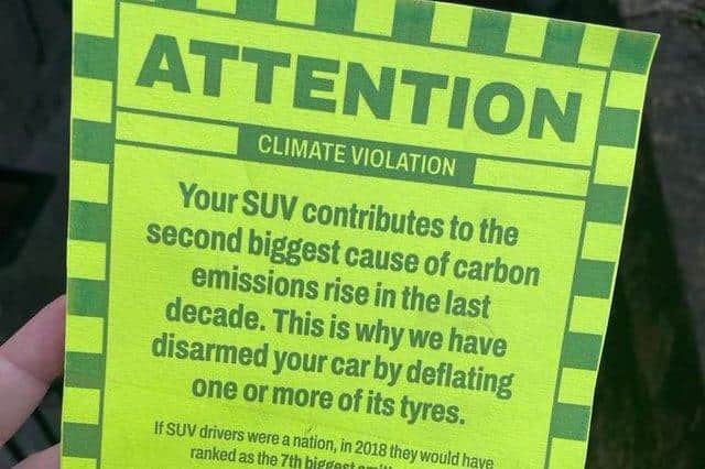 The notice left on targeted SUVs by the Tyre Extinguishers.