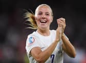 Beth Mead of England celebrates their side's win at the final whistle of the UEFA Women's Euro 2022 Semi Final. (Photo by Harriet Lander/Getty Images)