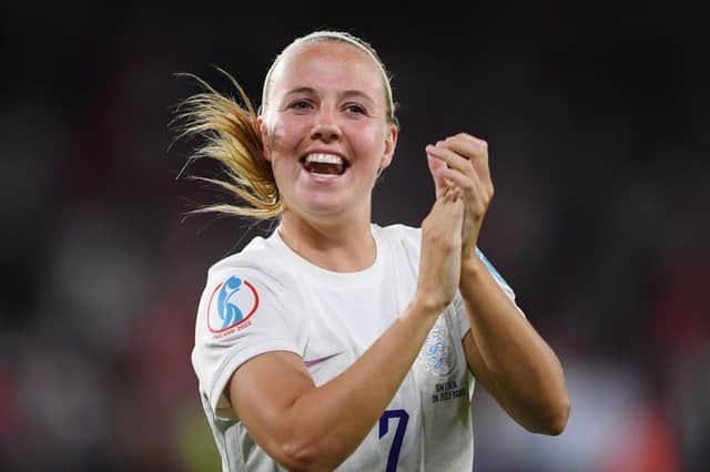 Beth Mead of England celebrates their side's win at the final whistle of the UEFA Women's Euro 2022 Semi Final. (Photo by Harriet Lander/Getty Images)