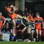Edinburgh's Blair Kinghorn takes a high ball in the Heineken Champions Cup tie at Leicester Tigers. (Photo by David Rogers/Getty Images)